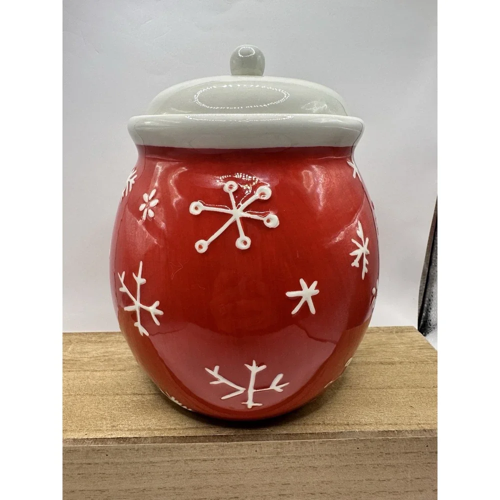 Hallmark Merry Days Red Ceramic Cookie Jar & Lid Snowman & Snowflakes 7.5